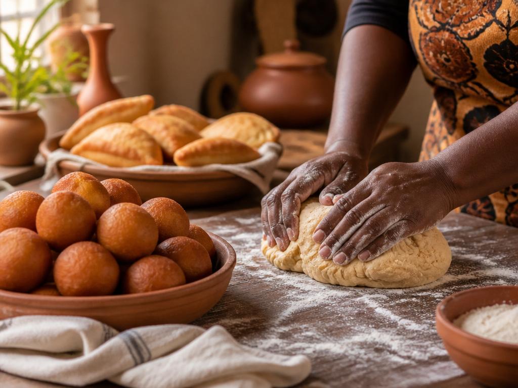 Hands kneading dough in a warm Nigerian kitchen